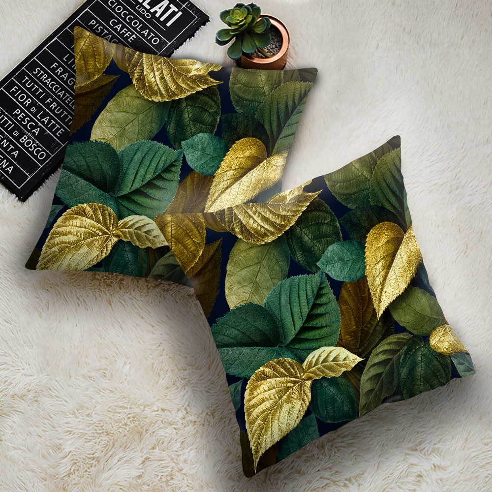 Poszewka aksamitna egzotyczne liście dekoracja na sofę